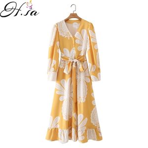 H.SAヨーロッパとアメリカの夏の風の女性の黄色い印刷長袖のドレス21175 210716