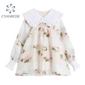 Summer Sweet Lolita Crop Sukienka Kobiety Peter Pan Collar Preppy Style Cute Mini Dresses Loose Floral Print Retro Vestidos Girl 210417