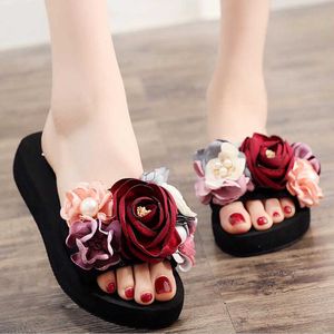 summer shoes woman wedge/flat platform sandals slippers heels Flower Beaded Sandy beach women s147 210625