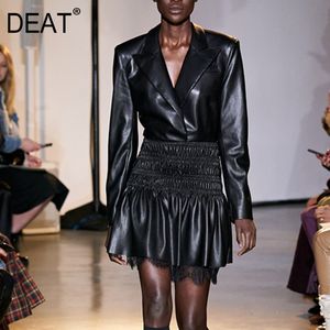 Deat Kadınlar Siyah Patchwork Pileli Dantel Yüksek Bel Elbise Yeni Çentikli Uzun Kollu Slim Fit Moda Gelgit Yaz 7E0442 210428