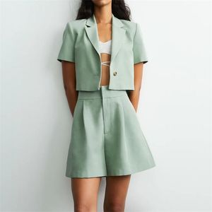 Women Summer Casual Shorts Suits ZA Solid Linen and Blazers Coats Female Elegant Fashion Street 2-piece sets 210513