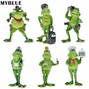 Myblue Kawaii Żywica Zwierząt Frog Chef Pographer Pielęgniarka Cowboy Samolot Kapitan Figurki Dom Pokój dekoracje ogrodowe Akcesoria 210811