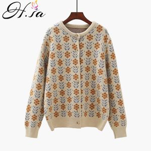 H.SA Mulheres Tops Manga Longa Floral Stitch Aberto Casacos Camisola Cardigans Vintage Roupas 210417