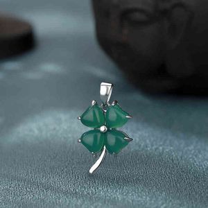 Lucky Grass S925 Sterling Silver Inlaid Heart-shaped Green Chalcedony Pendant, Female Minority Design Pendant