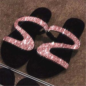 Kobiety Sanki Sandals Slipper Summer Kryształ Płaski Sandał List Z Cekiny Zespół Papierówek Otwarty Toe Slide Panie Moda Plaża Niepoślizgowe Buty Duży Rozmiar EU35-43 No06