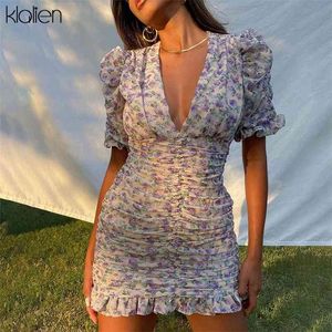 Klalien Fashion Elegant Print Boho Floral Office Lady Street Puff Weep Plage V-Wee Slim Женское платье Летние клуб Партии Плятины 210623