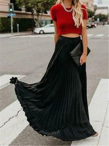 Skirts 2021 Women Retro Stretch High Waist Solid Flared Pleated Swing Long Maxi Skirt