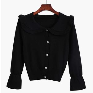 PERHAPS U Women White Black Red Pink Peter Pan Collar Sweater Knitted Long Sleeve Button Short Cardigans Sweet Spring M0393 210529