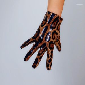 Leopard Short Gloves 21cm Female Faux Leather Bright Patent Women Brown Slim Hand WPU2911