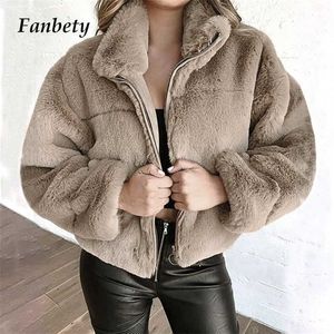 Winter Women Fur Faux Coat Ciepłe Kurtki Miękkie Eleganckie Solidne Chic Zamek Zamek Office Topy Płaszcze Ladies Fashion Casual Outwears 211014