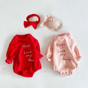 winter plus velvet baby letter embroidered long-sleeved Bodysuits cotton one-piece with hair band 210515