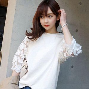 T-shirt das mulheres manga floral rodada colarinho casual lace t shirt solto feminino tops