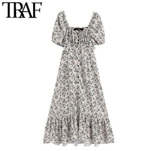 TRAF Kobiety Chic Moda Floral Print Ruffled Midi Sukienka Vintage V Neck Puff Sleeve Przyciski Szczurki Sukienki Sukienki Vestidos 210415