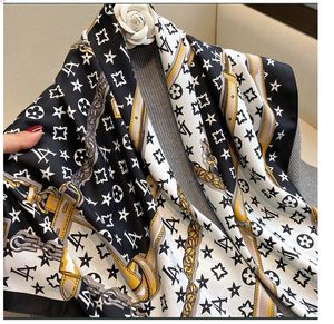 2Style Brand Classic Simple Letter Flower Design Satin Square Scarf Outdoor Shawl Silk Turban Beach Wrap Fashion Women Scarves 90*90cm