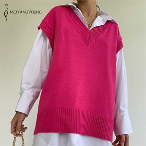 Meiyangyoung Y2K Lös Strikkad Vest Tröja Höst Kvinnors Vest Ärmlös Ladies Vintage Sweater V-Neck Pullover Toppar 211009
