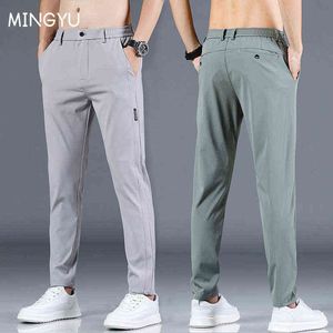 Mingyu Summer Men's Casual Pants Men Men Spodni Męskie spodnie Slim Fit Work Elastyczne talia Zielona szara jasna, Chłodka chłodne spodnie 28-38 Y220308