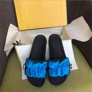 Designer women slides Light blue satin Ruched Wide-band slippers Lady Signature Vertigo Sandals Flip Flops Summer Beach flat Shoes11