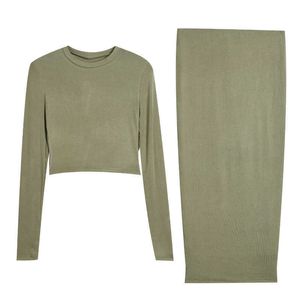 Возможно, у женщин элегантный сексуальный двухсекционный набор пуловер вязаный о-шеи с длинным рукавом короткая блузка топы ножна середина тележки юбка T3040 210529