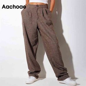 Aachoe Elegante Ganzkörperansicht Ganzkörperansicht Ganzkörperansicht Karierhosen Frauen gefaltete lose Dame Harem Hosen Casual Hahnstifter Wolle Lange Hose Pantalon 210706