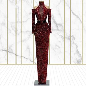 Sparkle Burgundy Evening Dresses Saudi Arabia Long Prom Gowns Custom Made Crystals Party Night Wear 2021 Dubai Sequins Pageant Dress