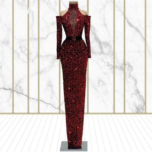 Sparkle Borgogna Abiti da sera Abiti Saudi Arabia Saudita Abiti da ballo lungo Cristalli personalizzati Party Night Wear 2021 Dubai Paillettes Pageant Dress