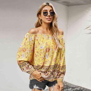 Bohe-Stil Frauen Pollovers Bluse Hemd Vintage Schulterfrei Pullover Druck Lässige Damenhemden Pullover 210524