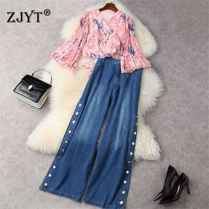 Frauen Mode Designer Frühling Zweiteilige Outfits Elegante Print Flare Sleeve Chiffon Shirt und Wide Bein Jeans Hosenanzug Sets 210601