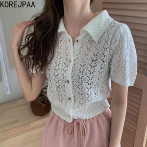 Women Sweater Summer Korean Chic Female Niche Versatile Lapel Hollow Design Loose Single-Breasted Knitted Cardigan 210514