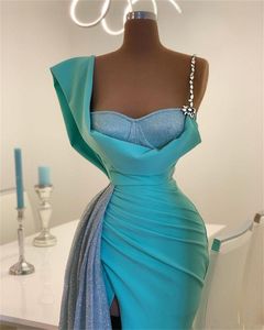 Sparkling Mermaid Prom Dresses High Side Split Sky Blue Glitter Sequins Satin Real Image Evening Dress Sweep Train Custom Made Long Robes De Soirée