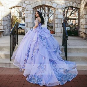 Princess Lilac Quinceanera платья с плеча аппликации с блестками Bow Long Train Sweet 16 Платье Ball Brithday Parm 232G