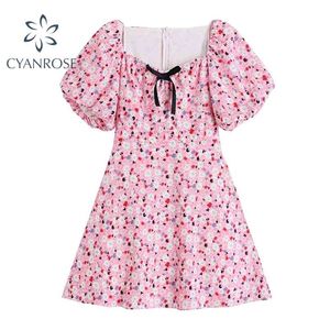 Floral Print Daisy Women Dress Summer Puff Short Sleeve Mini Pink Dresses Sweet Casual Boho Beach Retro Vestido 210515