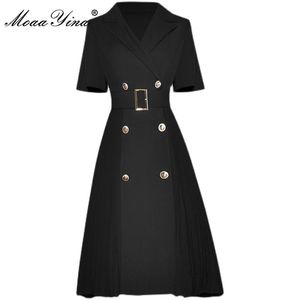 Mode Designer Summer Black Mini Dress Women V-Neck Kortärmad Hög midja Sashes Ladies Street Wear 210524