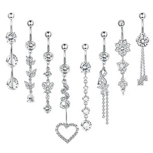 Zircon Belly Bar rostfritt stål Navelringkedja Tassel Pendant Pin Accessories Set 16st Lot Piercing Kit Girl Belly Baves Belly 278W