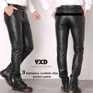 Drop Brand Men Leather Pants Slim Fit Elastic Style Fashion PU Trousers Motorcycle Streetwear Warm Fleece 210715