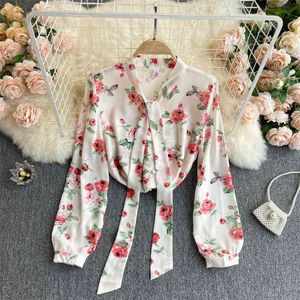 Spring Chiffon Blouse Female Sweet Age Reduction Lace Blusa Bow Tie Collar Slim Fit All-match Printed Shirt GK534 210507