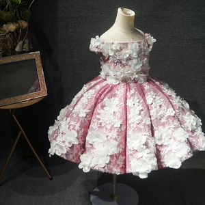 ピンクリトルパールフラワーガールズドレスフリルプリンセスキッズファースト聖体服装ガウンの床の長さ幼児洗礼ドレス