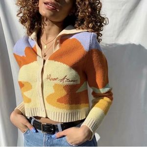 Kadın Knits Tees Çiçek Baskı Kısa Örme Kazak Kadın Sonbahar Şık Ev Moda Güneşli Tek Göğüslü Gevşek Hırka Femme