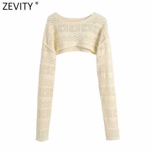 Zevity Women High Street Solid Hollow Out Crochet Loose Sticking Sweater Kvinna Långärmad Chic Pullovers Skörd Tops SW819 210603