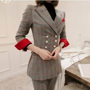 High quality autumn and winter professional ladies suits of long pants double-breasted plaid jacket female 210527