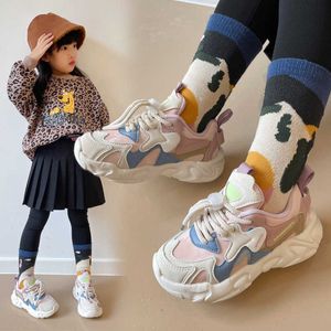 2021 Autumn Girls Sneakers Kids Fashion Color Matching Cool No Tie PU Sports Shoes for Boys Korean Children Breathable Winter G1025