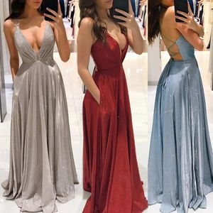 Wholesale prom pocket dresses for sale - Group buy Casual Dresses Women Elegant Sequins Party Dress Sexy Backless Spaghetti Strap Sleeveless Bandage V Neck Long Pockets Prom Gown Vestidos