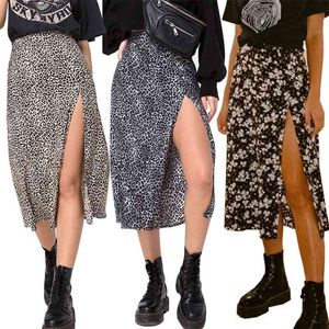 Summer Split Leopard Skirts Green Fashion Long Skirt Sexy Women Streetwear Loose Lady Clothes Skort for Girls 210412