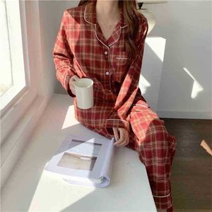 Spring Women Cotton Pyjamas Plaid Two Piece Passar Stilig Soft Ble Sleepwear Kvinna Femme Home Chic Loose Sets 210525