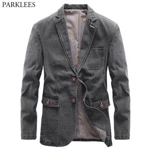 Vintage Gray Denim Suit Jacket Men Slim Fit 2 Buttons Lapel Wahsed Jeans Blazers Mens Casual Street Spring Autumn Male Outwear 210522