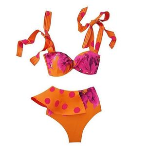 Halter Strappy Female Ruffle Swimsuit High Waist Bikini Women Swimwear Two-pieces set Bather Bathing Suit Swim 210702