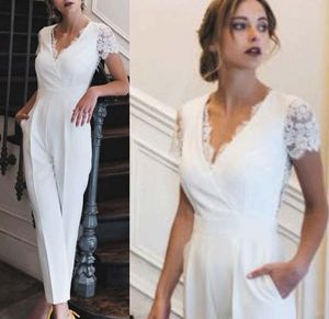 Estilo elegante país renda applique macacões vestido de casamento com decote em v calças para casamentos robe de mariee pantsuits vestidos de noiva feitos sob encomenda s uits