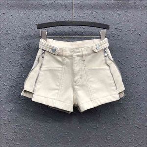 Kvinna Shorts Hög midja Bomull A-Line Wide-Ben Jeans Koreansk stil Smoky Grå Kvinna Loose Denim Byxor Sommar 210714