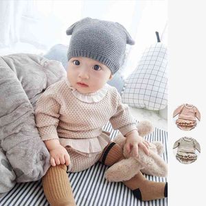 Two Girls Suit Knit 0-2 Year Old Cotton Baby Long Sleeve Blouse + Lotus Leaf Shorts Clothing Set 210515