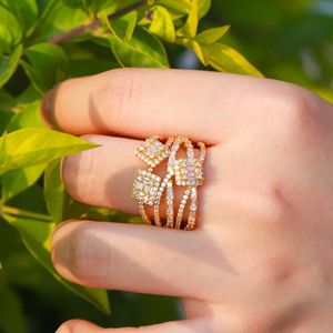 Cross Geometric Multi Layer Cubic Zirconia Wide Big Open Ring for Women Yellow Gold Color Bridal Wedding Jewelry R195 210714