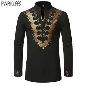 Stand Collar Black African Dashiki Shirt Men Luxury Gold Metallic Print Mens Dress Shirts Bazin Riche Wedding Clothing 2XL 210522